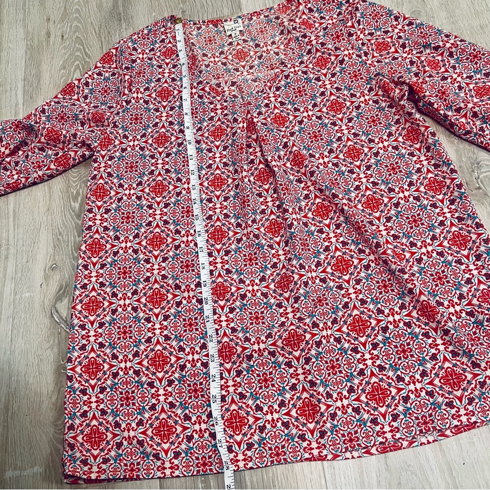 Pink Owl 3/4 Sleeve Tunic Blouse Top Red Turquoise Coral White V Neck - Picture 7 of 8